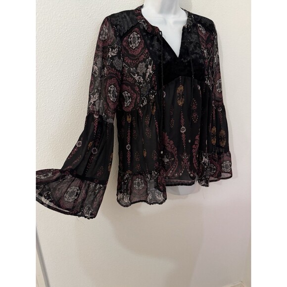 Knox Rose Women Blouse Black Peasant Velvet Trim Floral Goth Whimsygoth Small - Picture 2 of 6